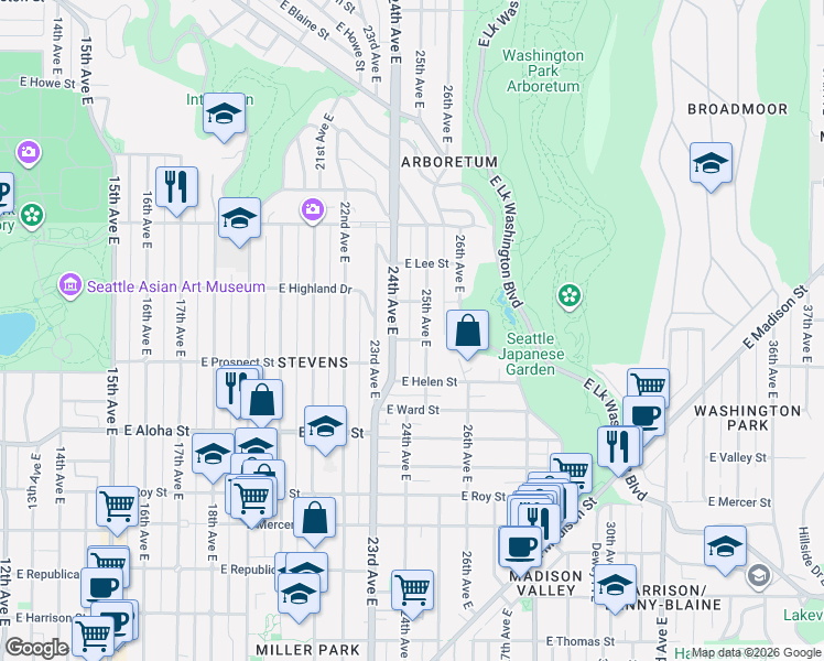 map of restaurants, bars, coffee shops, grocery stores, and more near 2412 East Prospect Street in Seattle