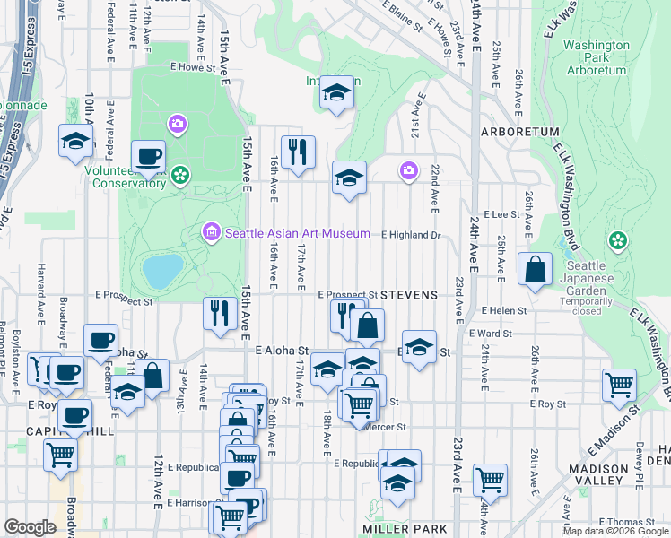 map of restaurants, bars, coffee shops, grocery stores, and more near 1126 18th Avenue East in Seattle