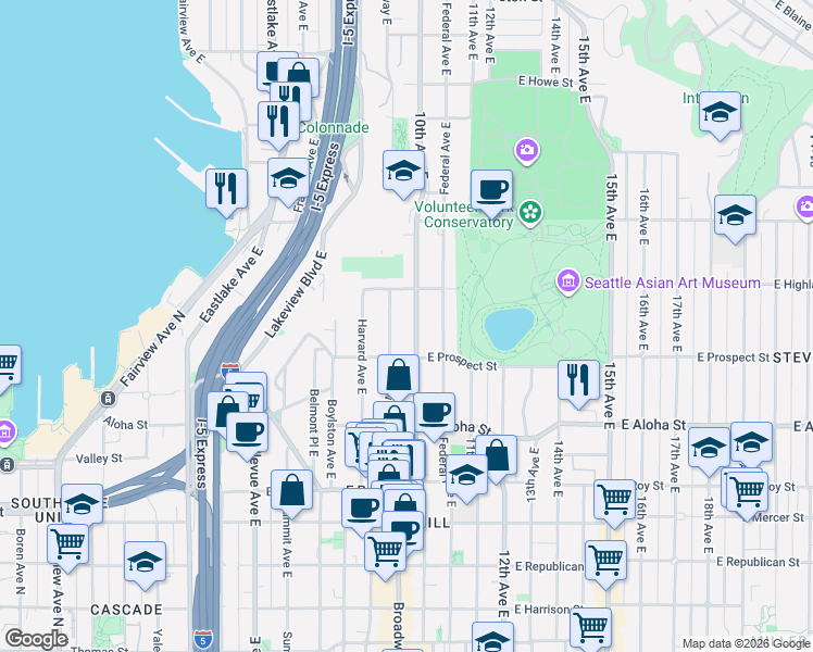 map of restaurants, bars, coffee shops, grocery stores, and more near 1127 10th Avenue East in Seattle