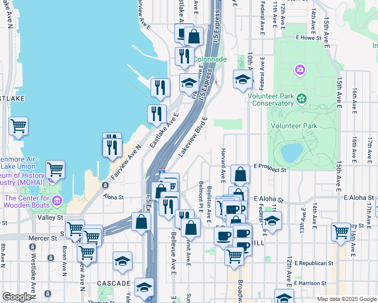 map of restaurants, bars, coffee shops, grocery stores, and more near 1110 Lakeview Boulevard East in Seattle