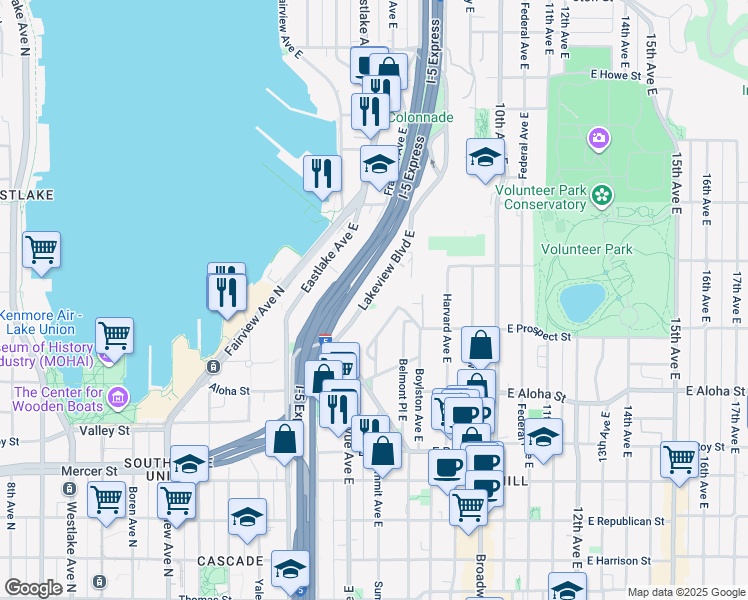 map of restaurants, bars, coffee shops, grocery stores, and more near 1110 Lakeview Boulevard East in Seattle