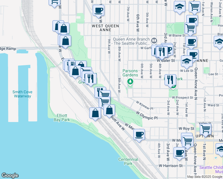 map of restaurants, bars, coffee shops, grocery stores, and more near in Seattle