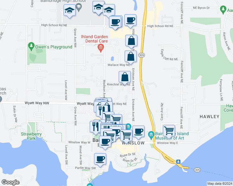 map of restaurants, bars, coffee shops, grocery stores, and more near 598 Madison Avenue North in Bainbridge Island