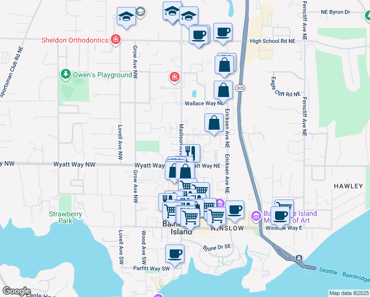 map of restaurants, bars, coffee shops, grocery stores, and more near 598 Madison Avenue North in Bainbridge Island