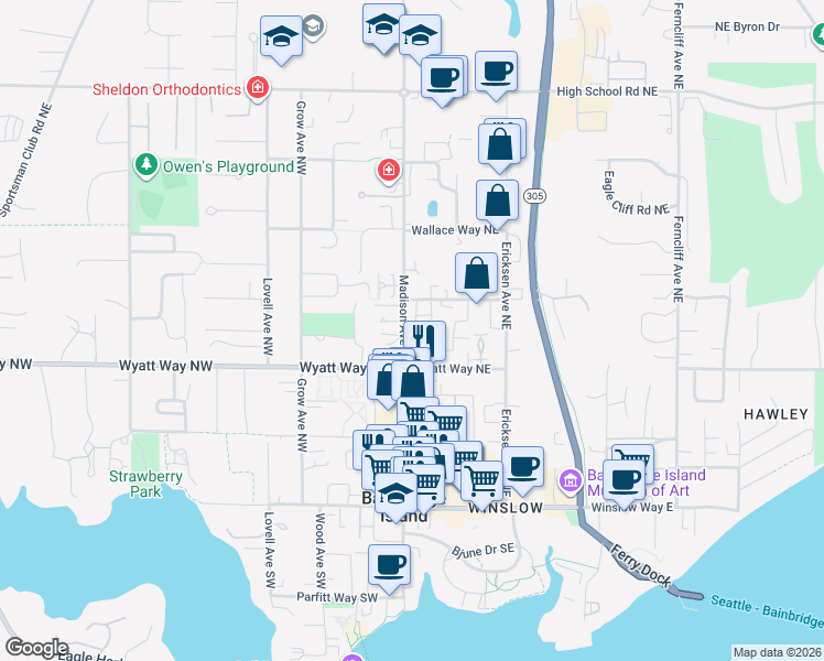 map of restaurants, bars, coffee shops, grocery stores, and more near 598 Madison Avenue North in Bainbridge Island