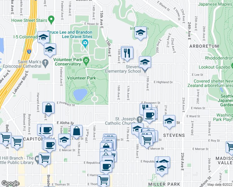 map of restaurants, bars, coffee shops, grocery stores, and more near 1127 16th Avenue East in Seattle