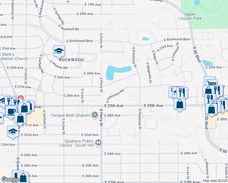 map of restaurants, bars, coffee shops, grocery stores, and more near 1511 E Pinecrest Rd in Spokane