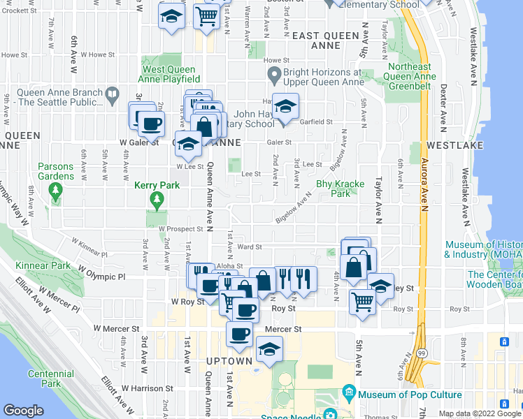 map of restaurants, bars, coffee shops, grocery stores, and more near 161 Highland Drive in Seattle