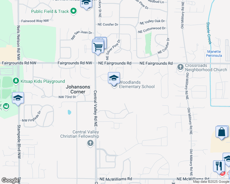 map of restaurants, bars, coffee shops, grocery stores, and more near 7420 Central Valley Road Northwest in Bremerton
