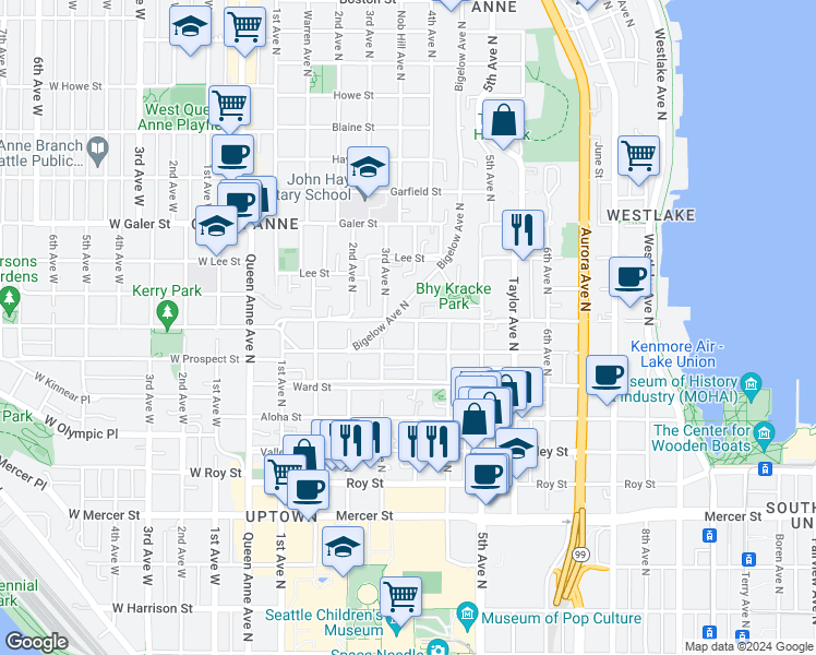map of restaurants, bars, coffee shops, grocery stores, and more near 321 Highland Drive in Seattle