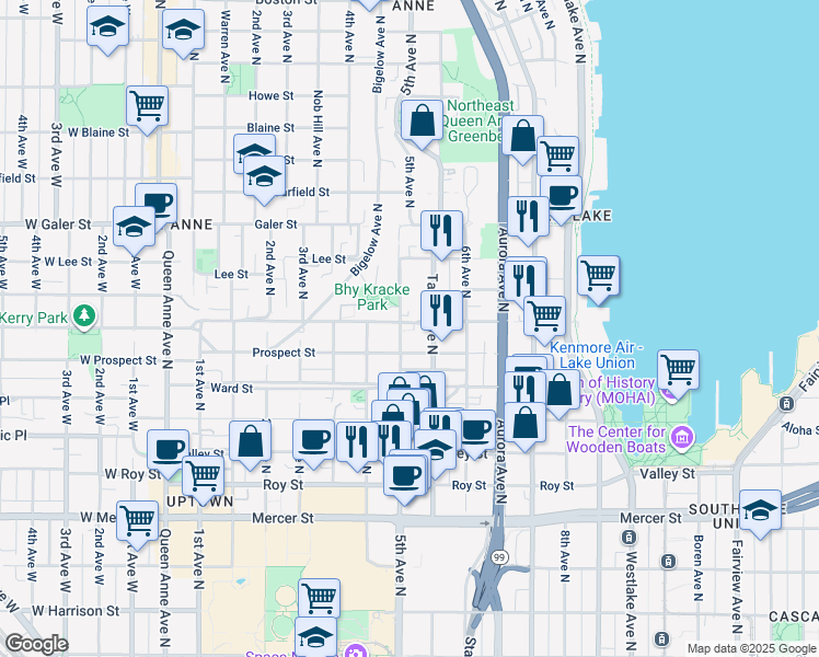 map of restaurants, bars, coffee shops, grocery stores, and more near in Seattle