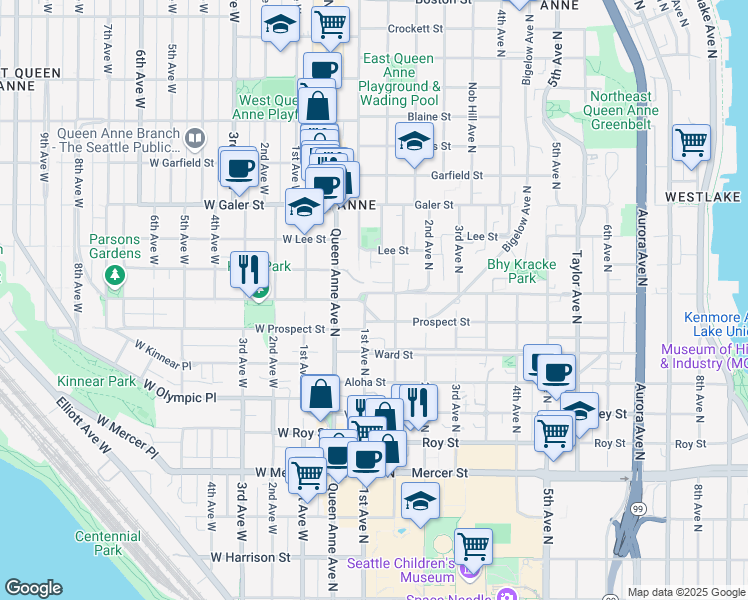map of restaurants, bars, coffee shops, grocery stores, and more near 103 Highland Drive in Seattle