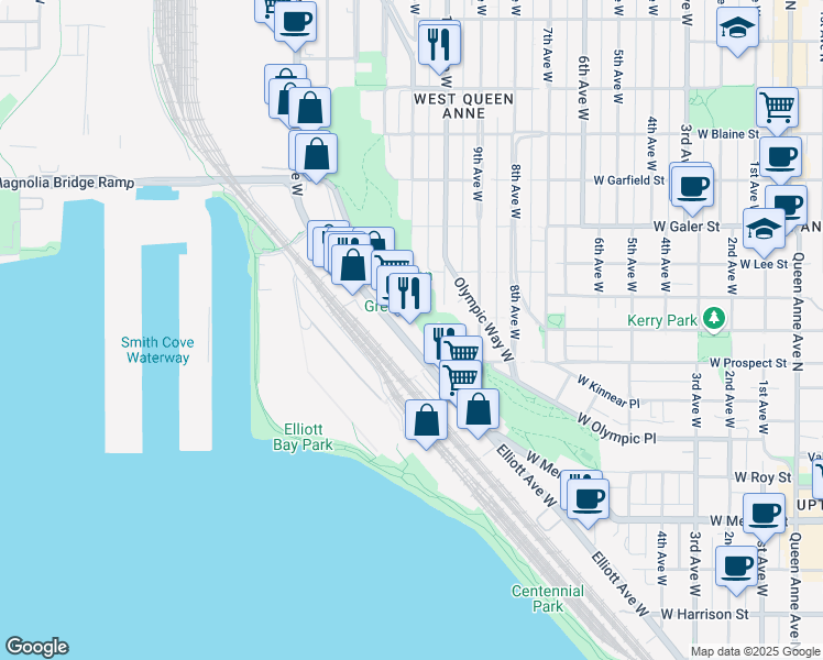 map of restaurants, bars, coffee shops, grocery stores, and more near 1140 Elliott Avenue West in Seattle