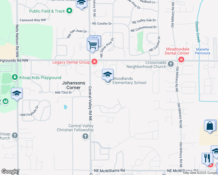 map of restaurants, bars, coffee shops, grocery stores, and more near 7420 Central Valley Road Northeast in Bremerton