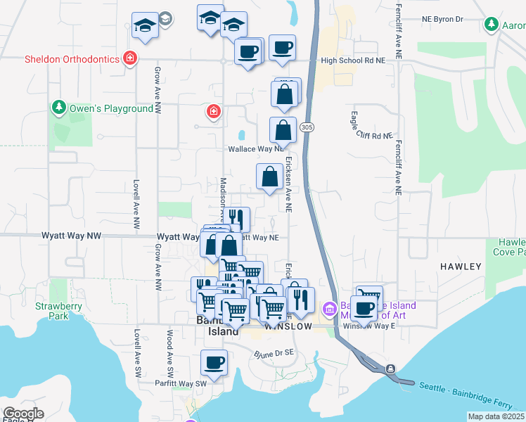 map of restaurants, bars, coffee shops, grocery stores, and more near 550 Homestead Lane Northeast in Bainbridge Island
