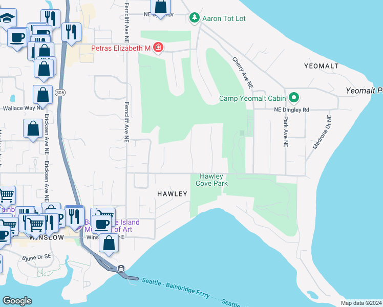 map of restaurants, bars, coffee shops, grocery stores, and more near 640 Ferryview Lane Northeast in Bainbridge Island