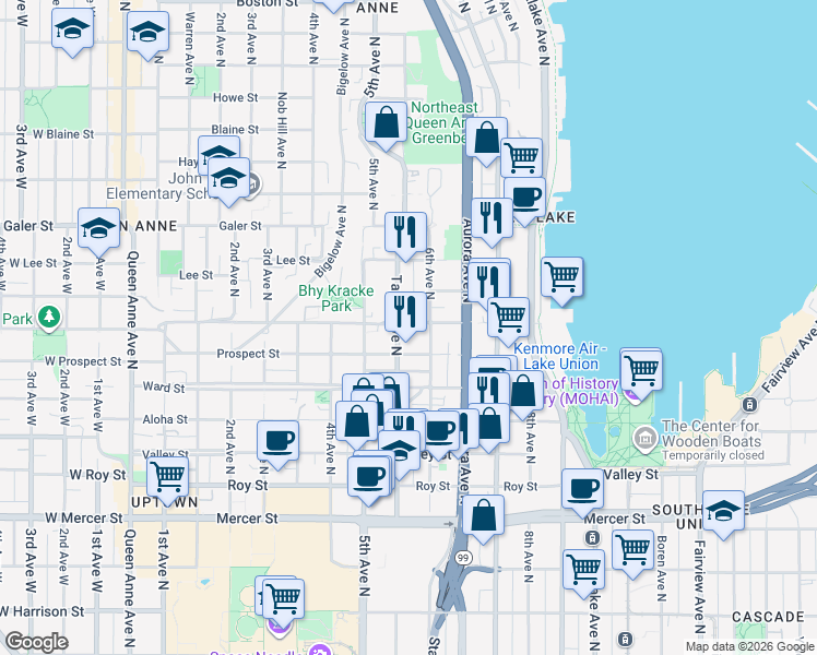 map of restaurants, bars, coffee shops, grocery stores, and more near in Seattle