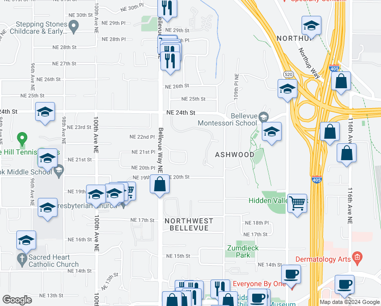 map of restaurants, bars, coffee shops, grocery stores, and more near 2026 106th Avenue Northeast in Bellevue