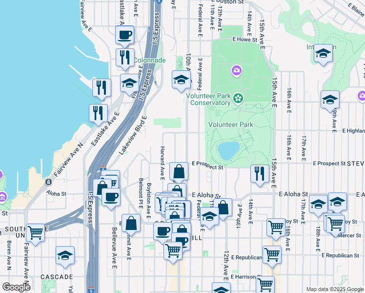 map of restaurants, bars, coffee shops, grocery stores, and more near 1127 10th Avenue East in Seattle