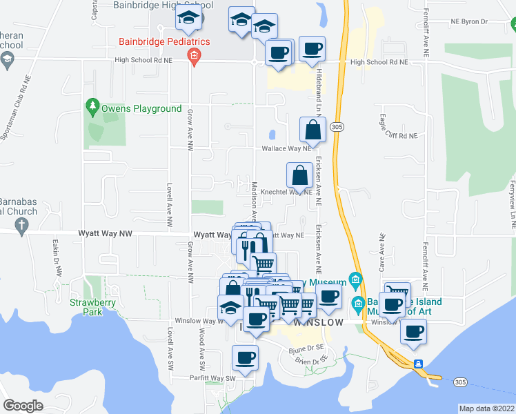 map of restaurants, bars, coffee shops, grocery stores, and more near 662 Madison Avenue North in Bainbridge Island