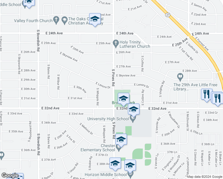 map of restaurants, bars, coffee shops, grocery stores, and more near 3010 South Pines Road in Spokane Valley
