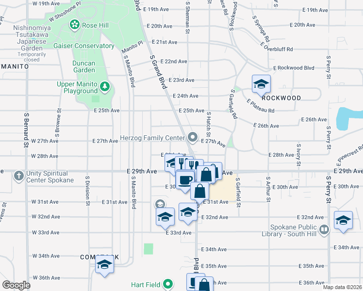 map of restaurants, bars, coffee shops, grocery stores, and more near 411 East 28th Avenue in Spokane