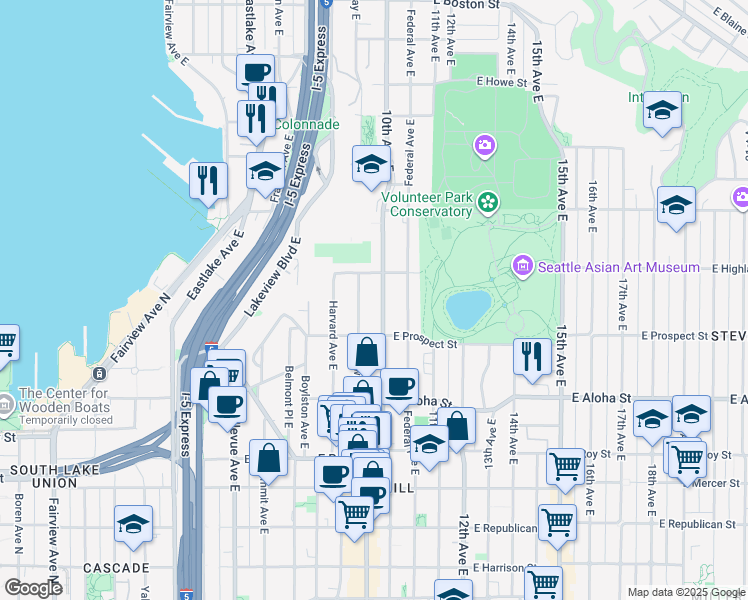map of restaurants, bars, coffee shops, grocery stores, and more near 1127 10th Avenue East in Seattle