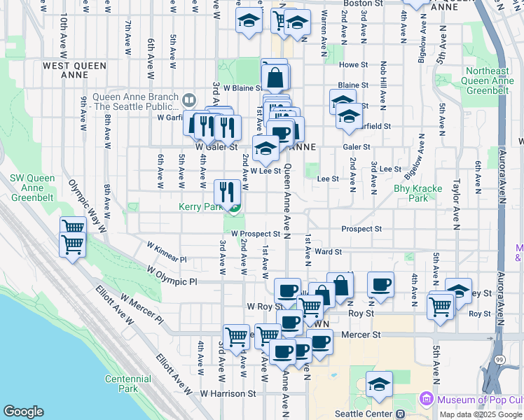 map of restaurants, bars, coffee shops, grocery stores, and more near 105 West Highland Drive in Seattle
