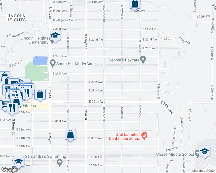 map of restaurants, bars, coffee shops, grocery stores, and more near 3811 East 28th Avenue in Spokane