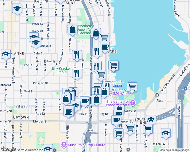 map of restaurants, bars, coffee shops, grocery stores, and more near 1215 Dexter Court North in Seattle