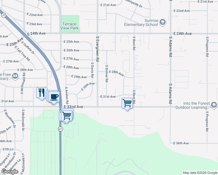 map of restaurants, bars, coffee shops, grocery stores, and more near 3001 South Bolivar Road in Spokane Valley