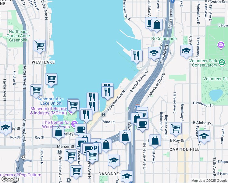 map of restaurants, bars, coffee shops, grocery stores, and more near 1109 Fairview Avenue North in Seattle