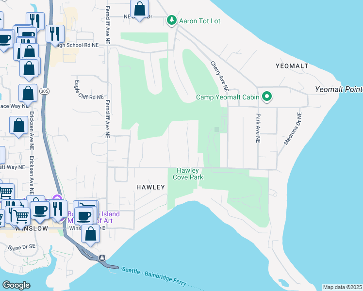 map of restaurants, bars, coffee shops, grocery stores, and more near 637 Azalea Avenue Northeast in Bainbridge Island