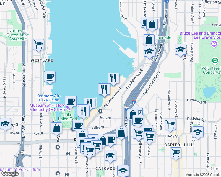 map of restaurants, bars, coffee shops, grocery stores, and more near 1109 Fairview Avenue North in Seattle