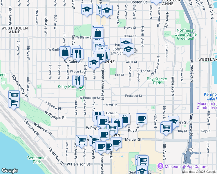 map of restaurants, bars, coffee shops, grocery stores, and more near in Seattle