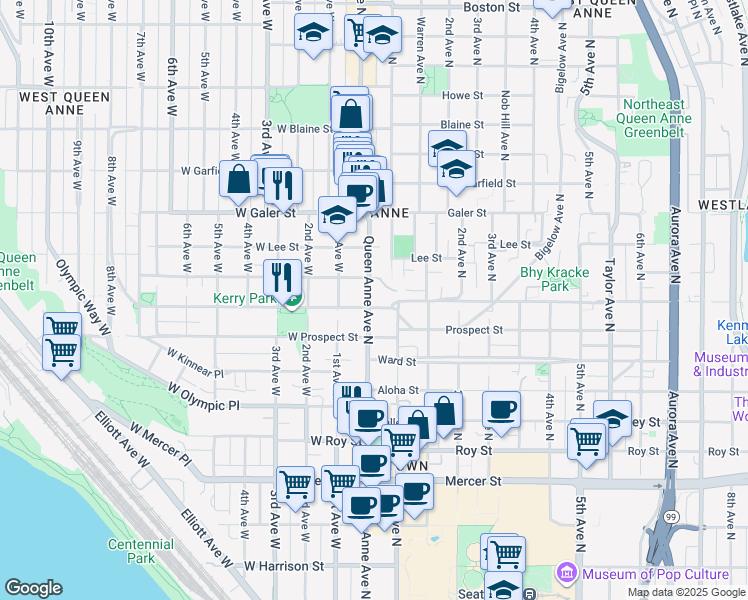 map of restaurants, bars, coffee shops, grocery stores, and more near in Seattle