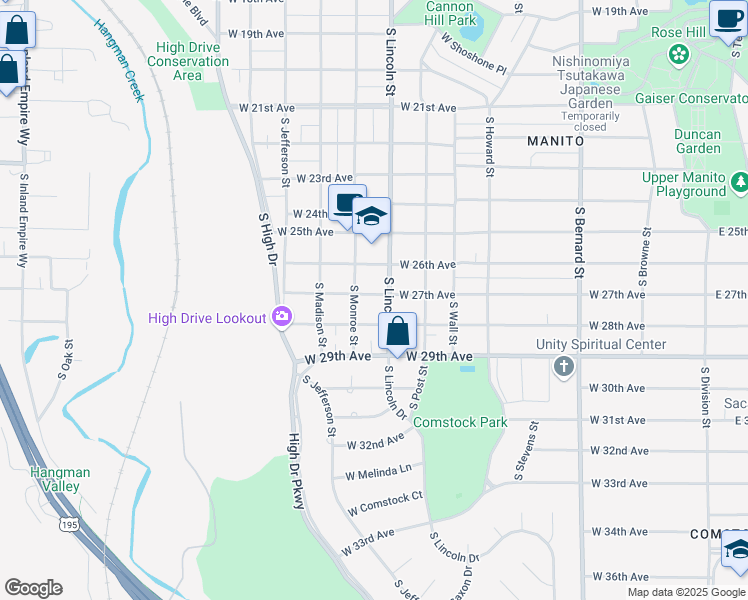 map of restaurants, bars, coffee shops, grocery stores, and more near 911 West 27th Avenue in Spokane