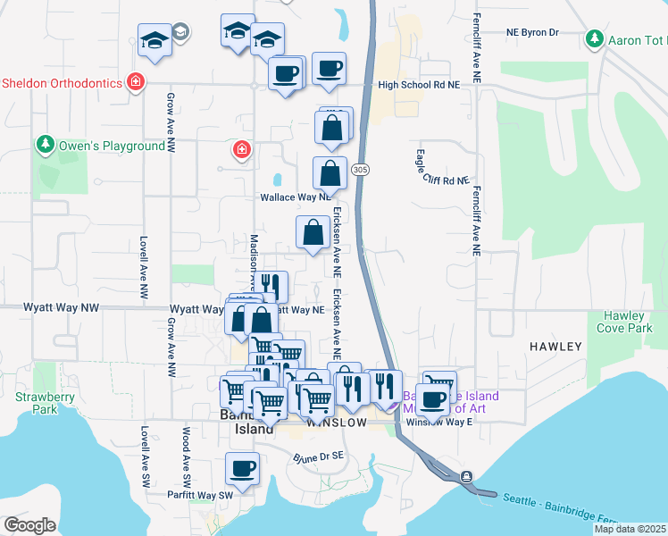 map of restaurants, bars, coffee shops, grocery stores, and more near 678 Wintersweet Road Northeast in Bainbridge Island