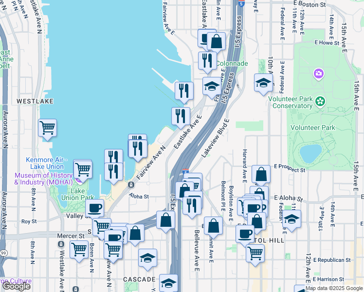 map of restaurants, bars, coffee shops, grocery stores, and more near 1150 Eastlake Avenue East in Seattle