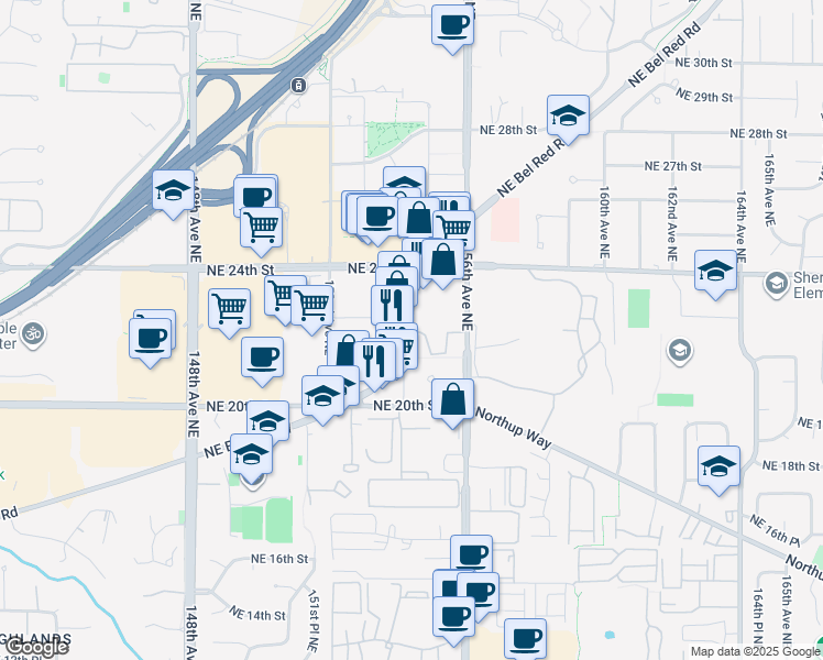 map of restaurants, bars, coffee shops, grocery stores, and more near 2150 Bel-Red Road in Bellevue