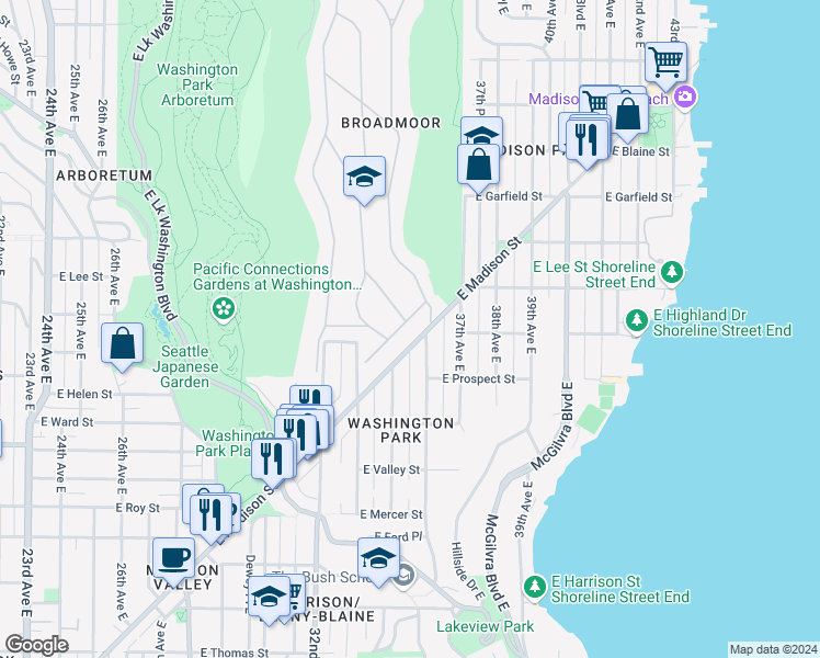 map of restaurants, bars, coffee shops, grocery stores, and more near 3421 East Saint Andrews Way in Seattle