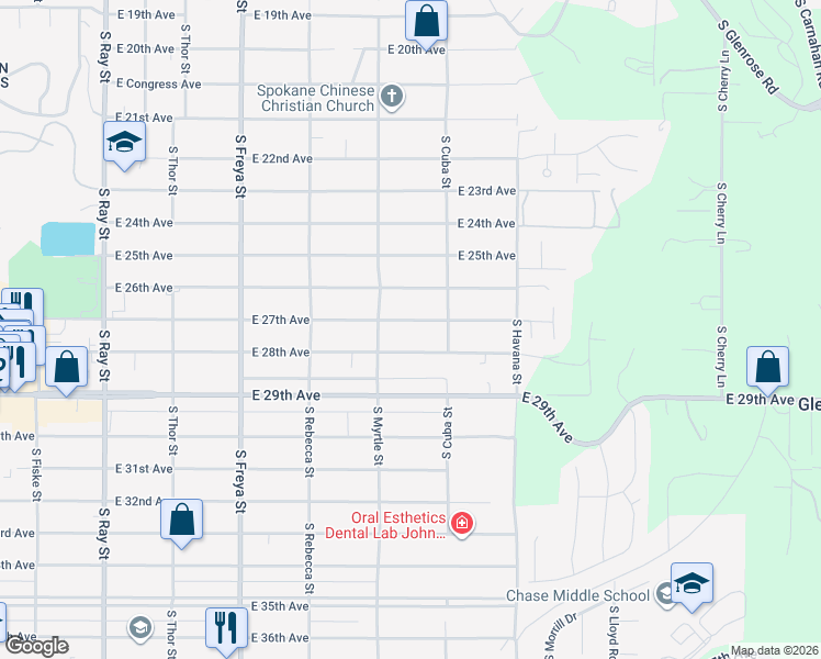 map of restaurants, bars, coffee shops, grocery stores, and more near 4027 East 28th Avenue in Spokane