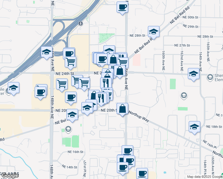 map of restaurants, bars, coffee shops, grocery stores, and more near 2150 Bel-Red Road in Bellevue