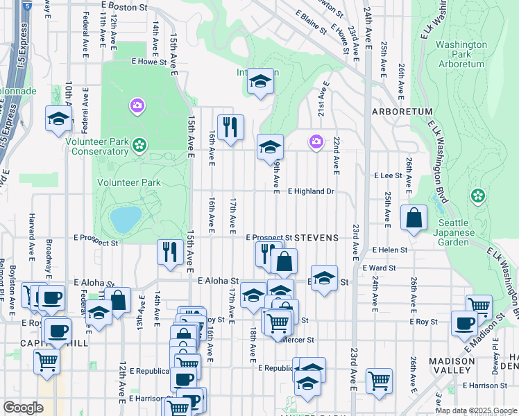 map of restaurants, bars, coffee shops, grocery stores, and more near 1126 18th Avenue East in Seattle