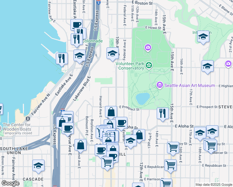map of restaurants, bars, coffee shops, grocery stores, and more near 1127 10th Avenue East in Seattle