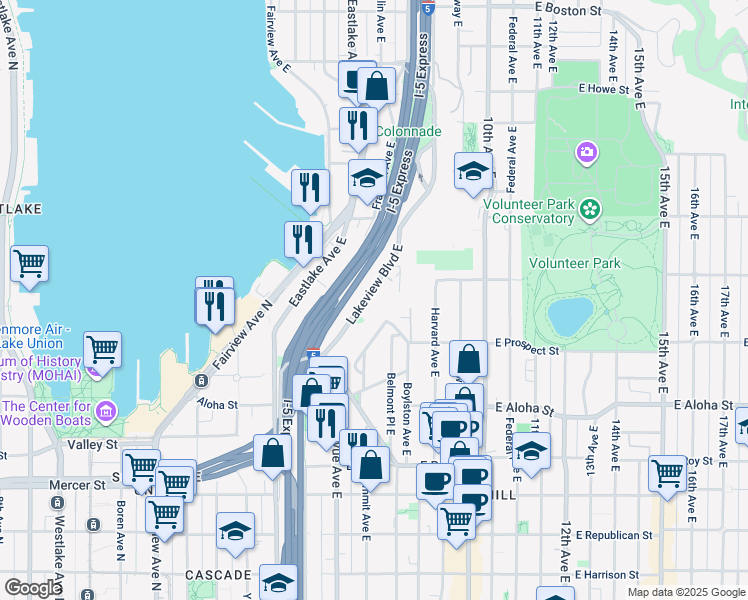 map of restaurants, bars, coffee shops, grocery stores, and more near 1110 Lakeview Boulevard East in Seattle
