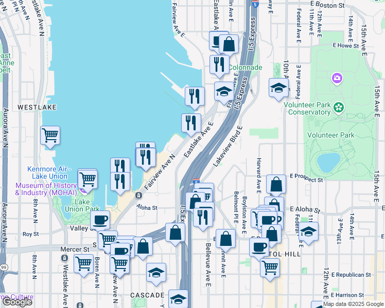 map of restaurants, bars, coffee shops, grocery stores, and more near in Seattle