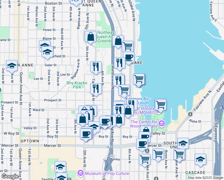 map of restaurants, bars, coffee shops, grocery stores, and more near 1100 Aurora Avenue North in Seattle