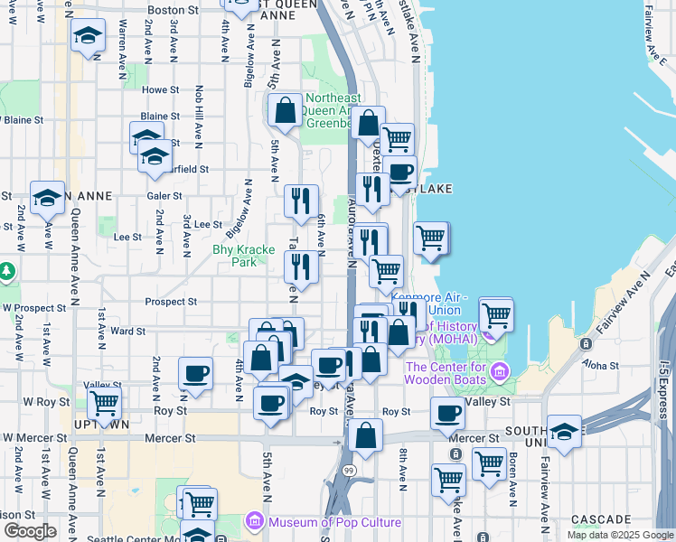 map of restaurants, bars, coffee shops, grocery stores, and more near 1120 6th Avenue North in Seattle