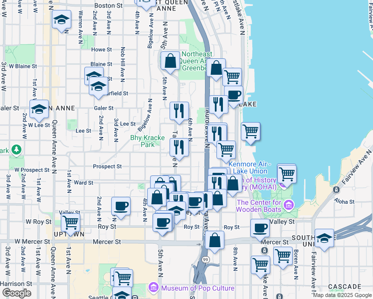 map of restaurants, bars, coffee shops, grocery stores, and more near in Seattle